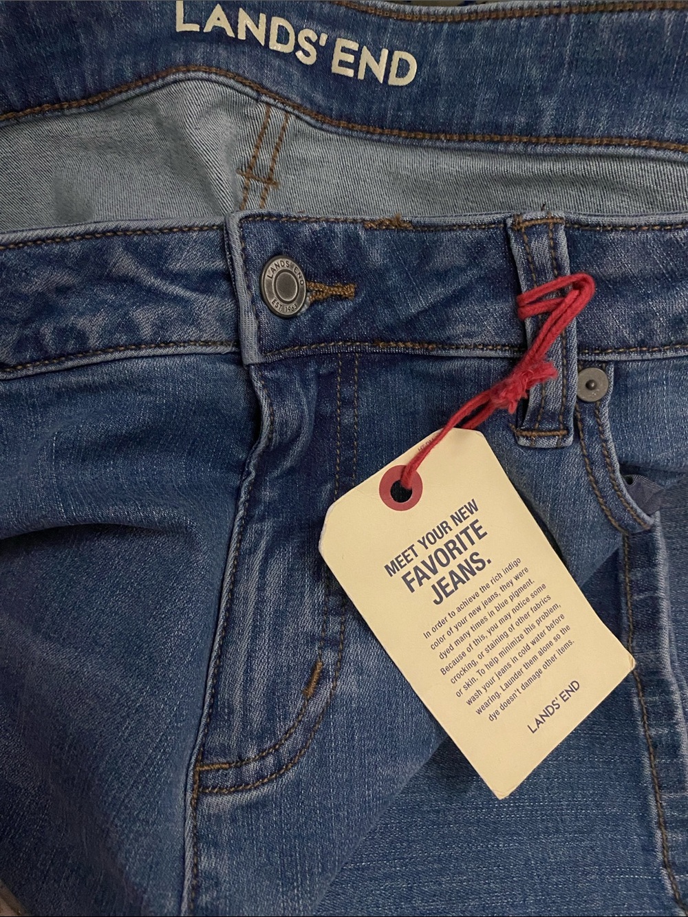 Lands' End Women's Dark Blue Straight Jeans with Tan Stitching